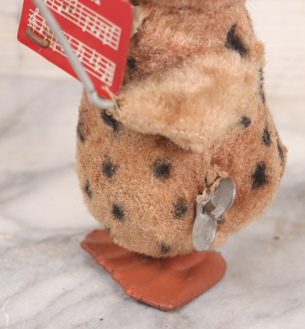 Lot 036 - Vintage Wind Up Music Conductor Owl Toy With Tin Lithograph "Animals" Sheet Music, Felt Covering, Rubber Feet, Made In Japan, Note Works Intermittently, 6" Height