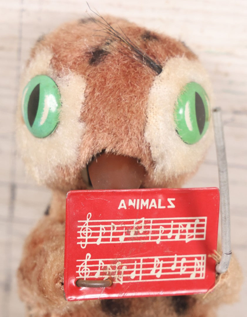 Lot 036 - Vintage Wind Up Music Conductor Owl Toy With Tin Lithograph "Animals" Sheet Music, Felt Covering, Rubber Feet, Made In Japan, Note Works Intermittently, 6" Height