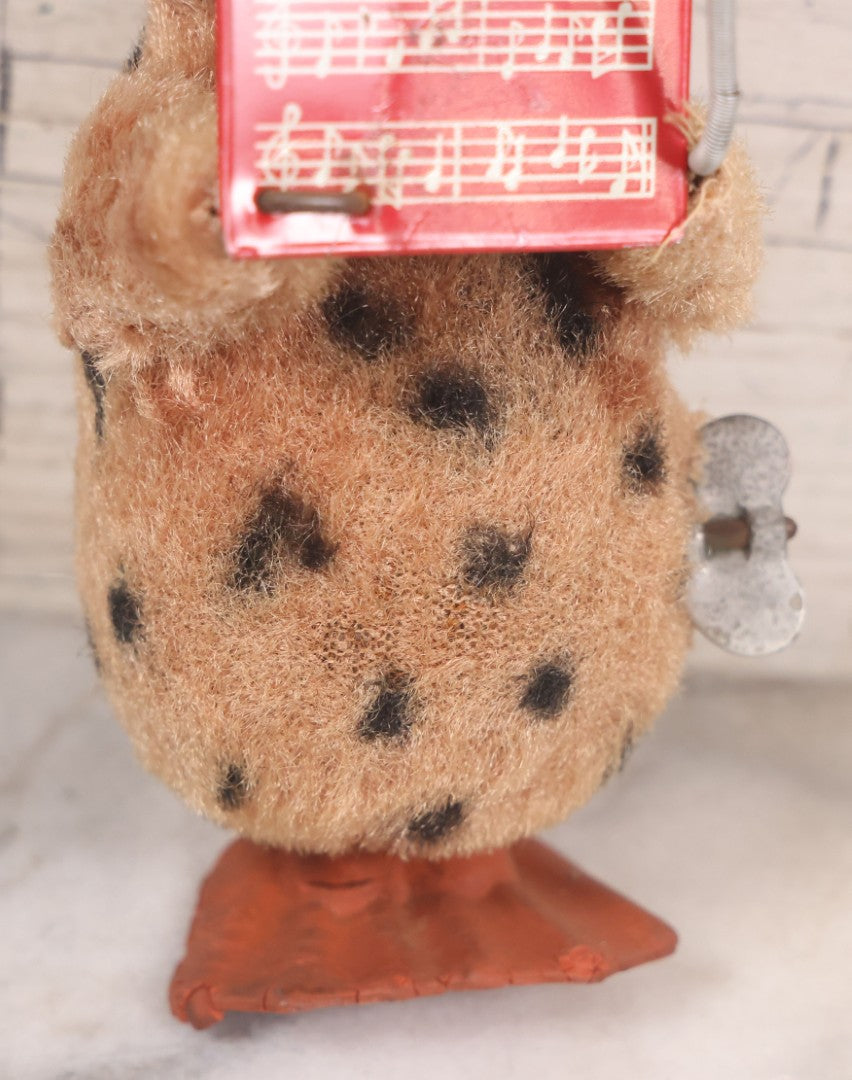 Lot 036 - Vintage Wind Up Music Conductor Owl Toy With Tin Lithograph "Animals" Sheet Music, Felt Covering, Rubber Feet, Made In Japan, Note Works Intermittently, 6" Height