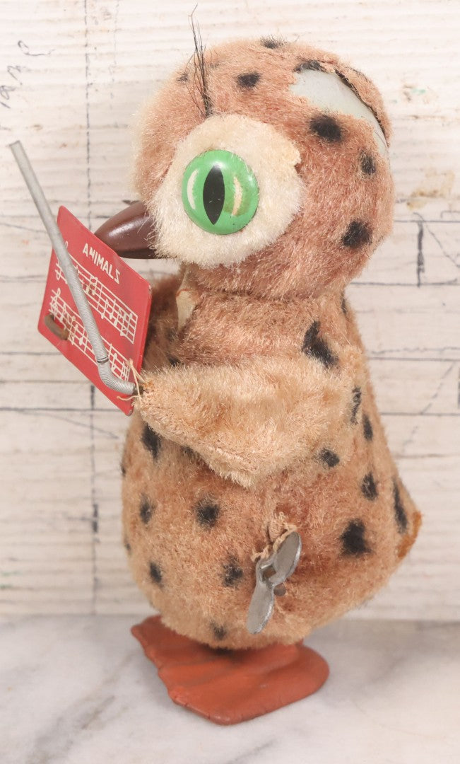 Lot 036 - Vintage Wind Up Music Conductor Owl Toy With Tin Lithograph "Animals" Sheet Music, Felt Covering, Rubber Feet, Made In Japan, Note Works Intermittently, 6" Height