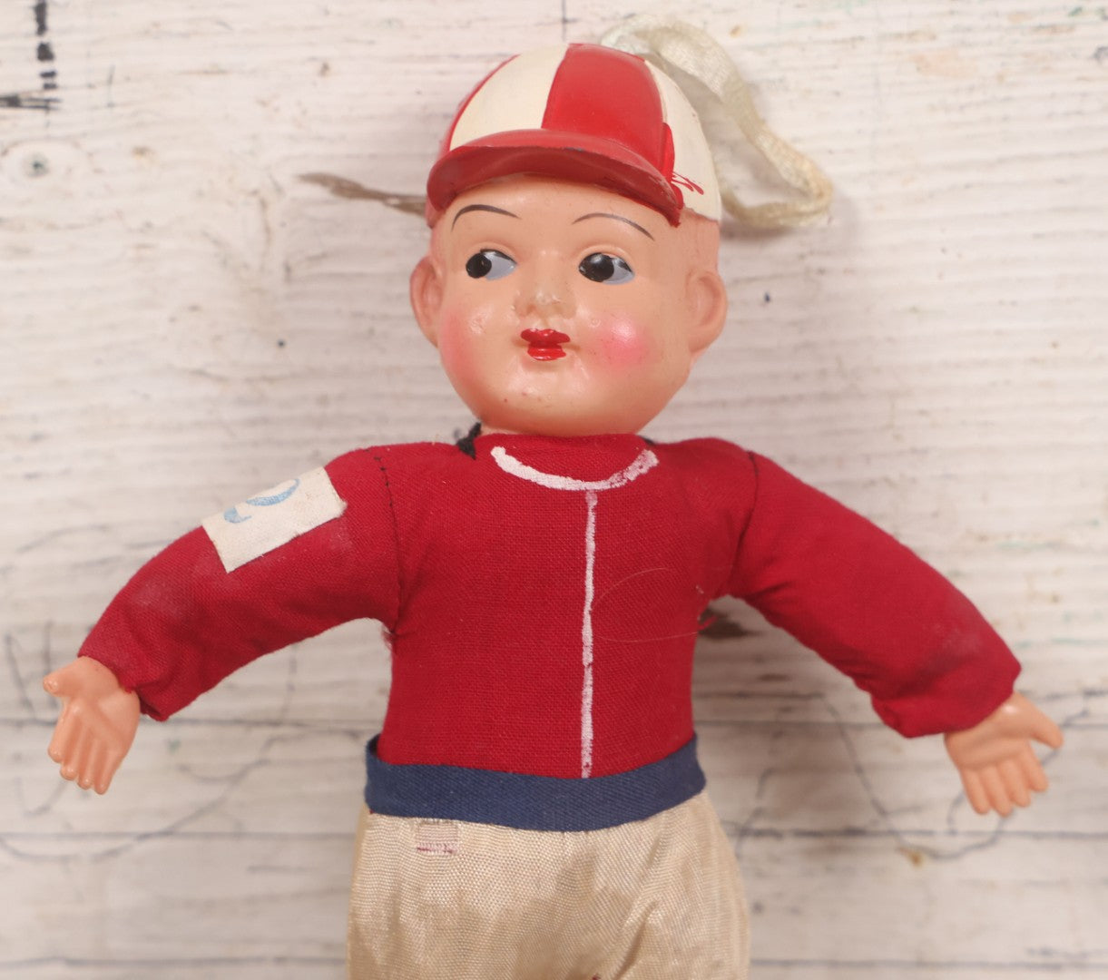 Lot 041 - Vintage Baseball Player Sports Doll Toy With Celluloid Head And Fabric Body, Made In Japan, 8" Height