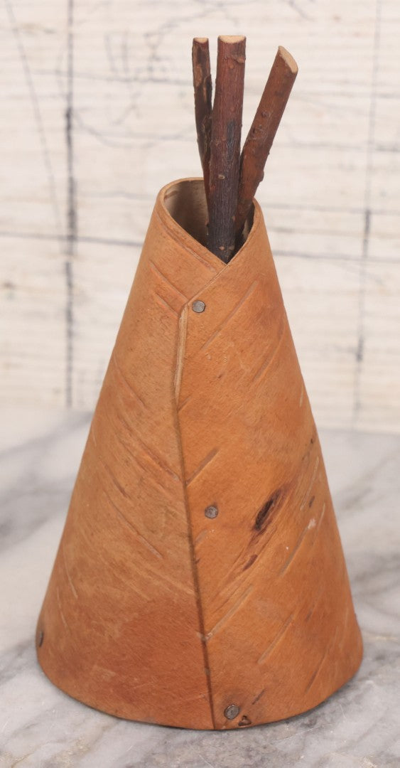 Lot 043 - Vintage Folk Art Souvenir Of Moosehead Lake, Maine, With Native American In Teepee, Made From Wood And Bark, New England Collectible