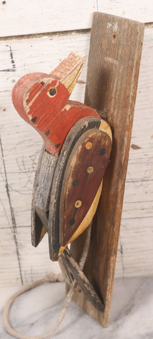 Lot 045 - Vintage Folk Art Wood Cut Woodpecker Bird Pull String Door Knocker