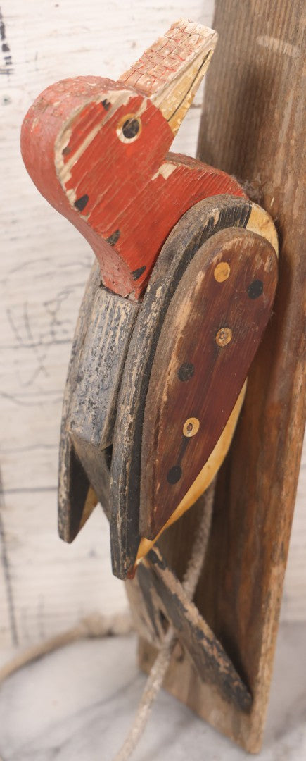 Lot 045 - Vintage Folk Art Wood Cut Woodpecker Bird Pull String Door Knocker