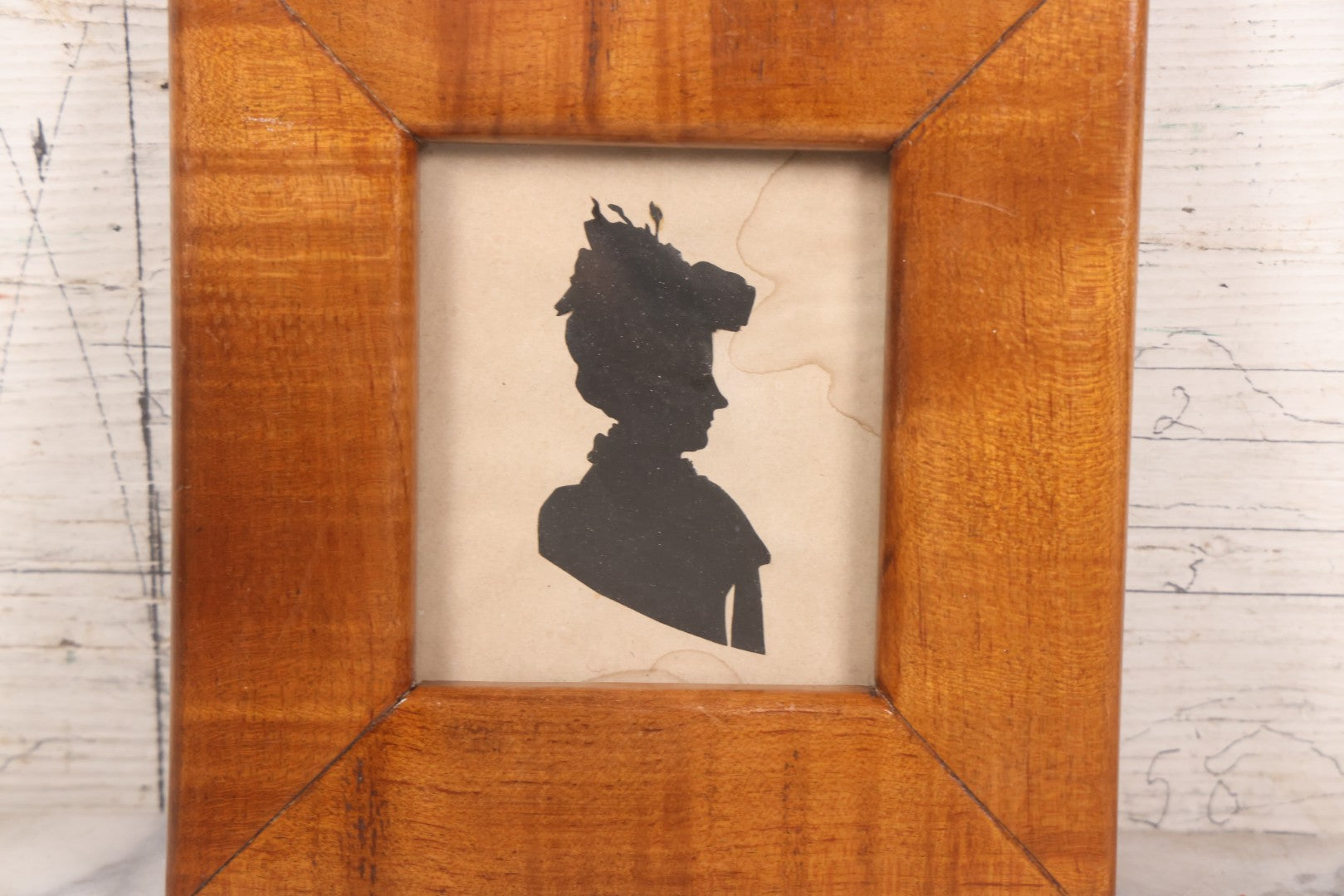 Lot 047 - Antique Folk Art Hand Cut Paper Silhouette Of Woman In Wide Tiger Maple Frame, Note Water Damage, 7-1/2" x 8"