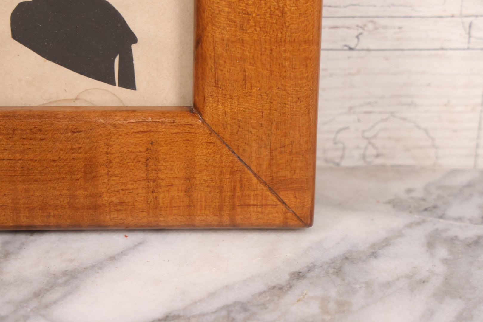 Lot 047 - Antique Folk Art Hand Cut Paper Silhouette Of Woman In Wide Tiger Maple Frame, Note Water Damage, 7-1/2" x 8"