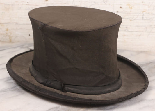Lot 048 - Antique Collapsible Pop-Up Stove Pipe Top Hat, Unknown Maker, Sold By Town & Tweed Shop, Lynn, Massachusetts, Size 7-3/8, Circa Early 20th Century