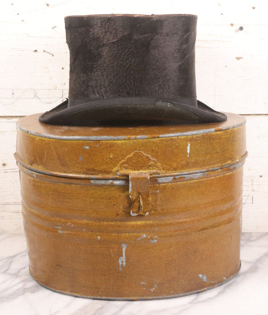 Lot 049 - Antique Beaverskin Stove Pipe Top Hat Manufactured By Alfred Matthews, St. Louis, Missouri, With Dark Mustard Painted Tin Hat Box With Blue-Green Interior