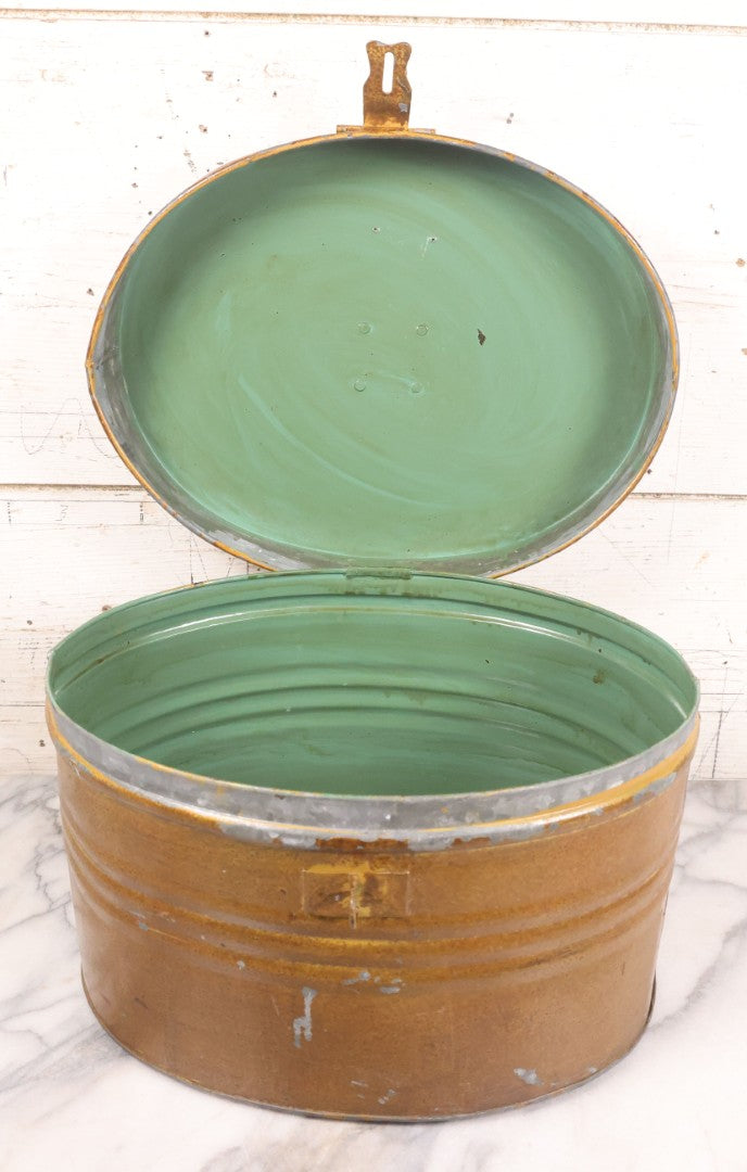 Lot 049 - Antique Beaverskin Stove Pipe Top Hat Manufactured By Alfred Matthews, St. Louis, Missouri, With Dark Mustard Painted Tin Hat Box With Blue-Green Interior
