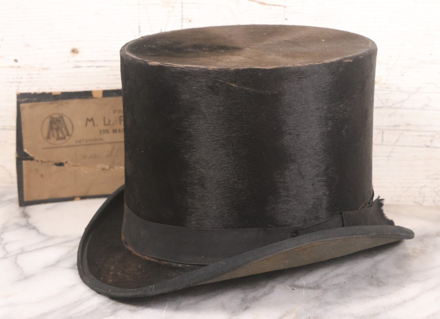 Lot 050 - Antique Beaverskin Stove Pipe Top Hat Manufactured By Chas. Keeler, Sold By M.L. Rogowski, Both Patterson, New Jersey, Pencil Marked 1870