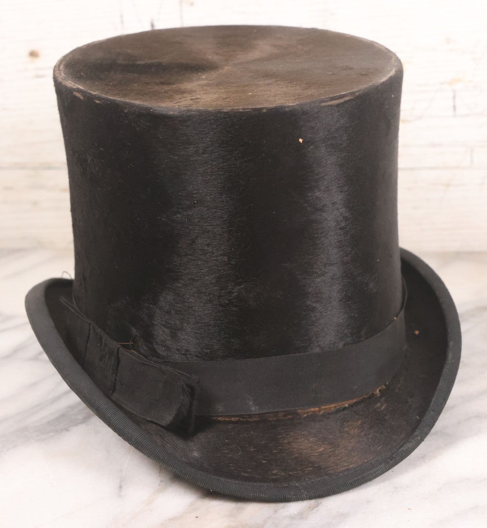 Lot 050 - Antique Beaverskin Stove Pipe Top Hat Manufactured By Chas. Keeler, Sold By M.L. Rogowski, Both Patterson, New Jersey, Pencil Marked 1870