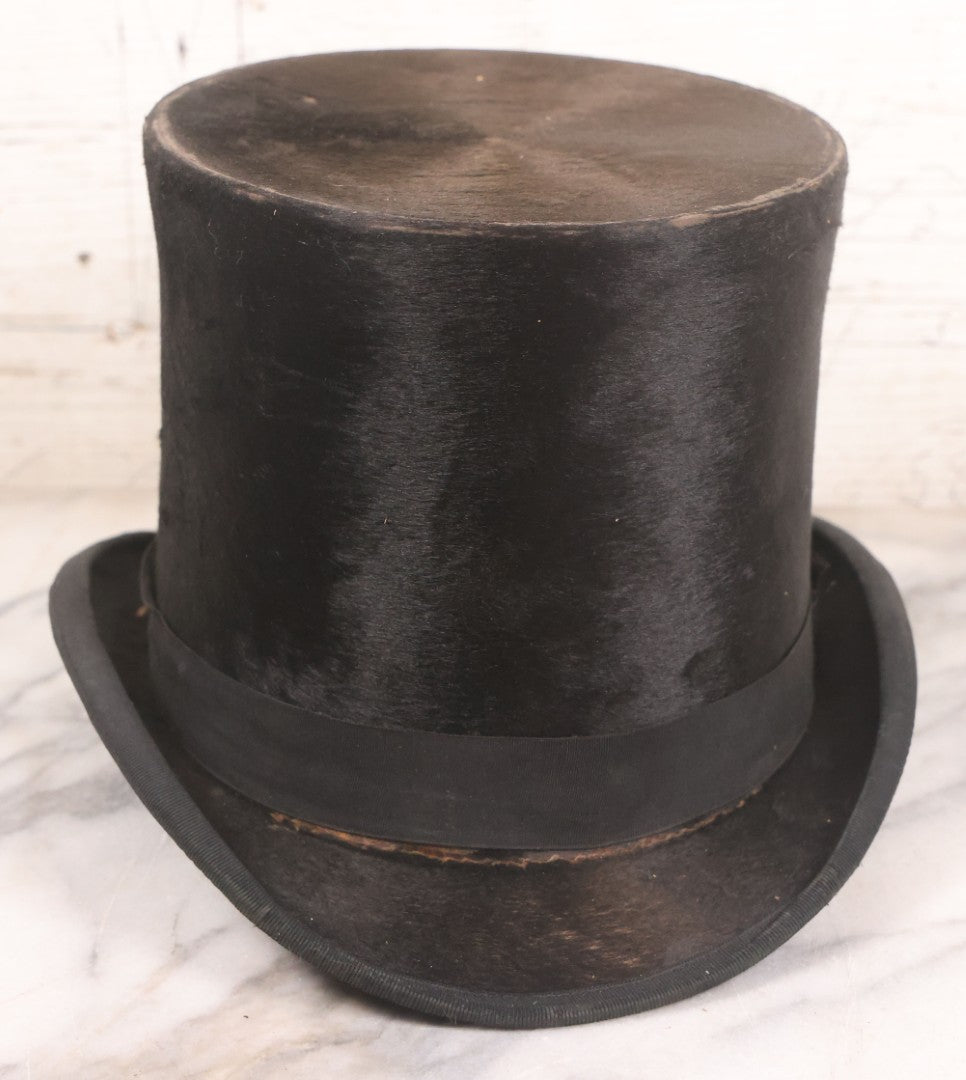 Lot 050 - Antique Beaverskin Stove Pipe Top Hat Manufactured By Chas. Keeler, Sold By M.L. Rogowski, Both Patterson, New Jersey, Pencil Marked 1870