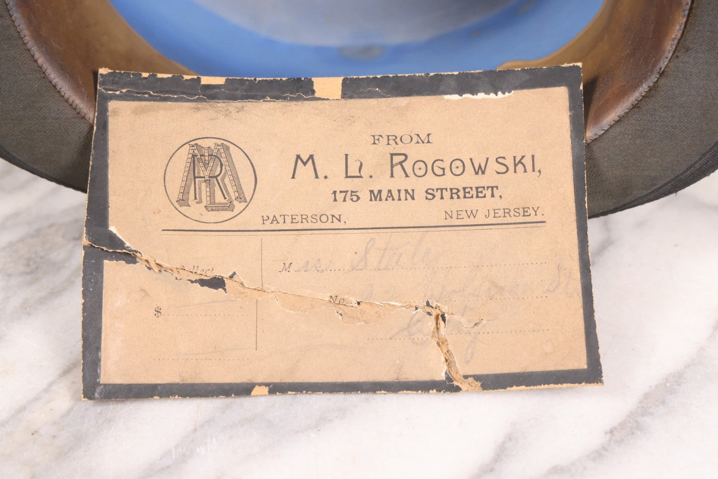 Lot 050 - Antique Beaverskin Stove Pipe Top Hat Manufactured By Chas. Keeler, Sold By M.L. Rogowski, Both Patterson, New Jersey, Pencil Marked 1870
