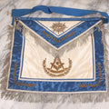 Lot 051 - Vintage Silk Embroidered Masonic Freemasons Fraternal Apron With All-Seeing Eye, Compass & Square Motifs, Blue & White Coloring, Gold Toned Metal Fringe And Embroidery, Manufactured By Harding Uniform & Regalia Co., Boston, Massachusetts
