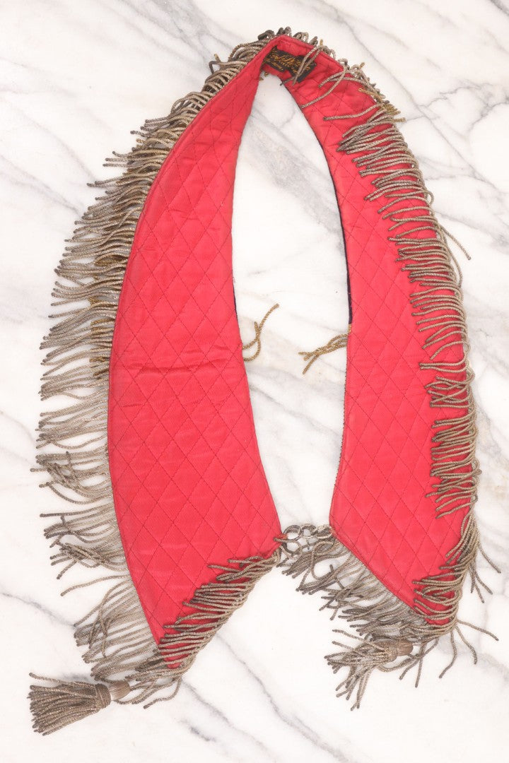 Lot 052 - Antique Odd Fellows I.O.O.F. Fraternal Sash Collar With P.G. (Past Grand) & P.C.P. (Past Chief Patriarch) Lettering, Red & Purple Velvet, Gold Toned Metal Embroidery, Fringe, Diamond Stitch Red Lining, By Ward Stilson Co., Anderson, Indiana 