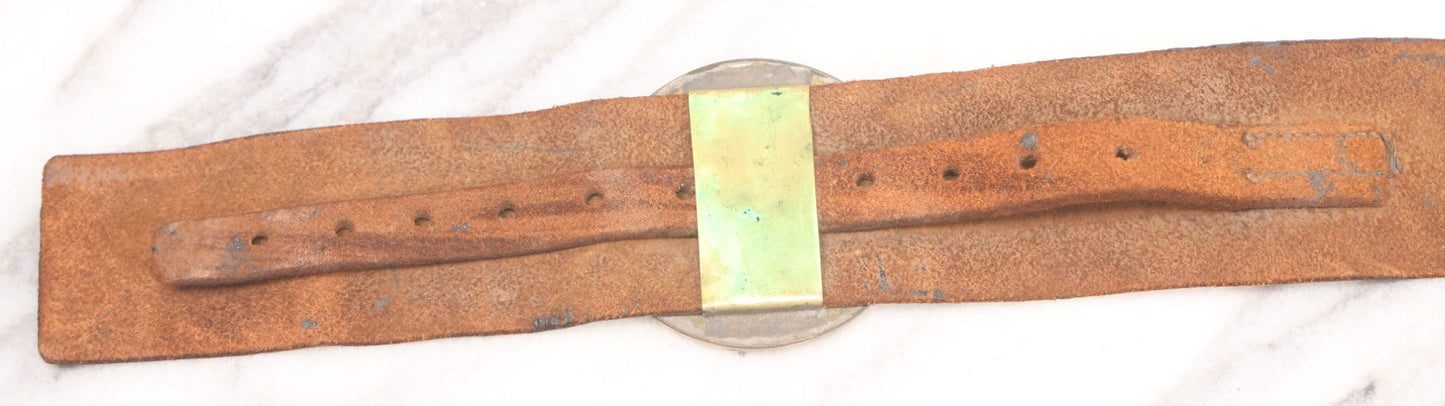 Lot 053 - Antique Leather Belt With Unusual Reverse Painted Glass Enamel Roundel With Laurel Motif, Mirrored Lettering, Unknown Fraternal Order, Circa Late 19th Century