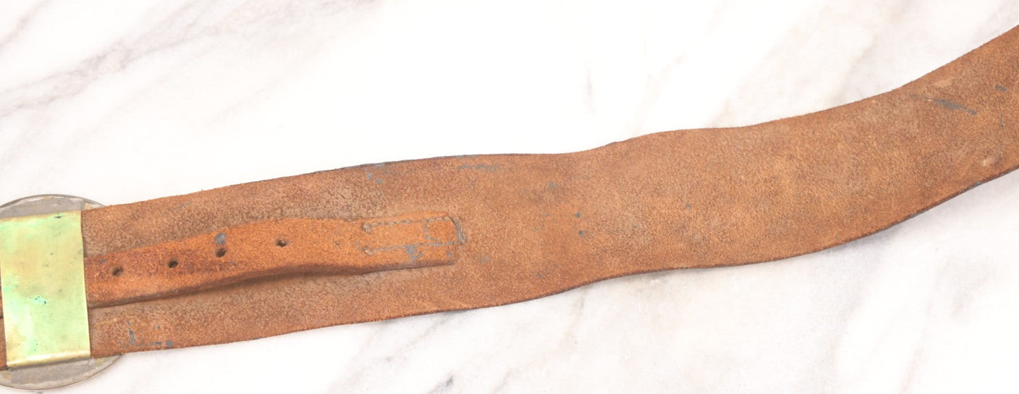 Lot 053 - Antique Leather Belt With Unusual Reverse Painted Glass Enamel Roundel With Laurel Motif, Mirrored Lettering, Unknown Fraternal Order, Circa Late 19th Century