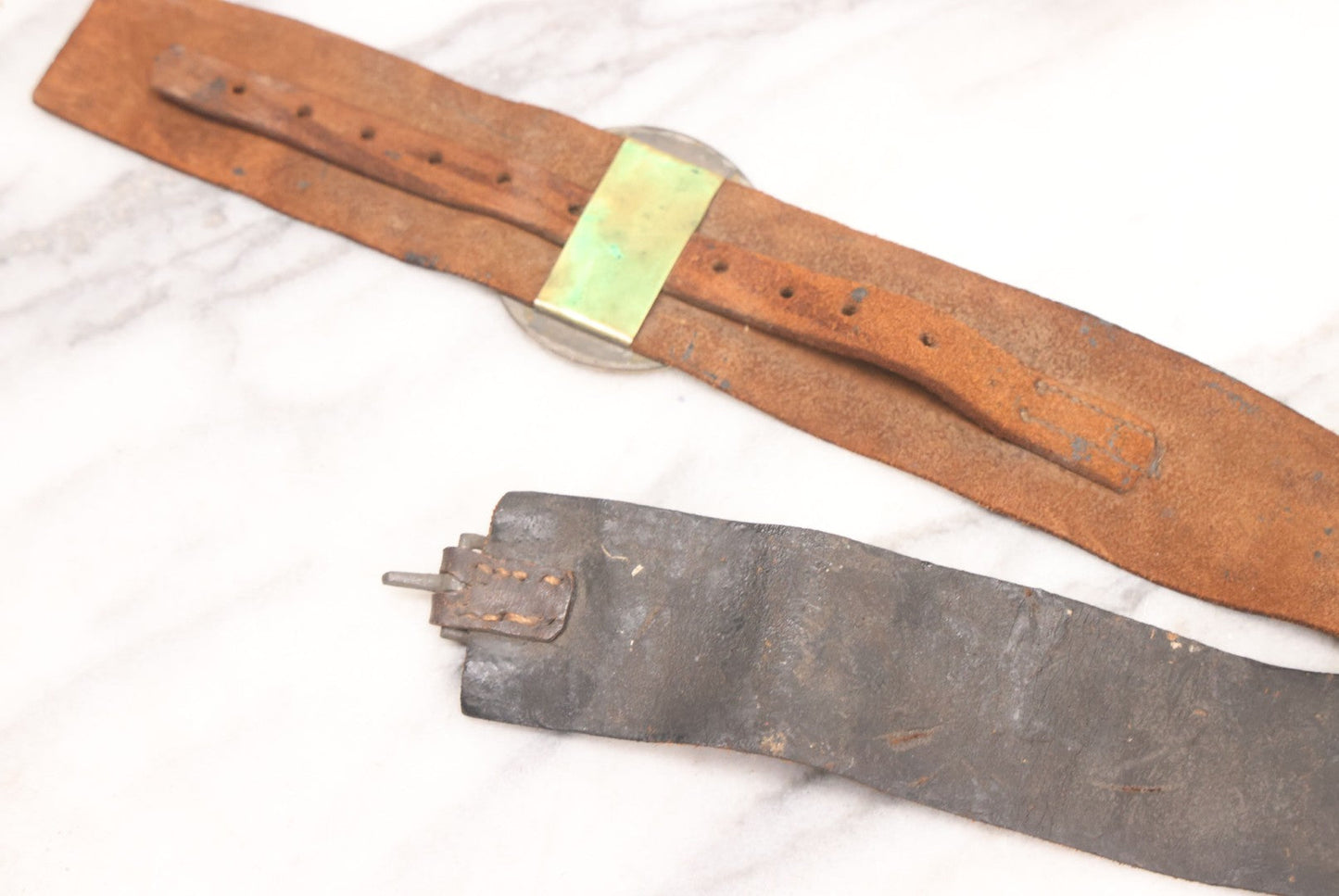 Lot 053 - Antique Leather Belt With Unusual Reverse Painted Glass Enamel Roundel With Laurel Motif, Mirrored Lettering, Unknown Fraternal Order, Circa Late 19th Century