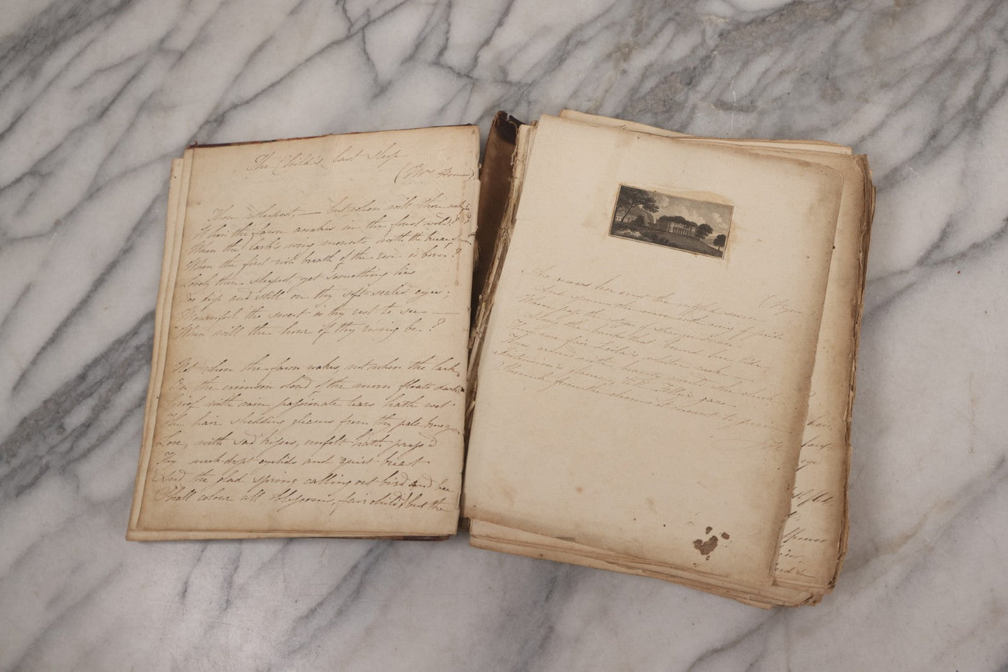 Lot 054 - Antique Early 19th Century Autograph And Poetry Album, With Dozens Of Handwritten Pages With Notes, Poems, Art, And More, Including Hand Drawn Illustrations, "Lady Of The Lake" Engravings, Etc., Circa 1828-1832