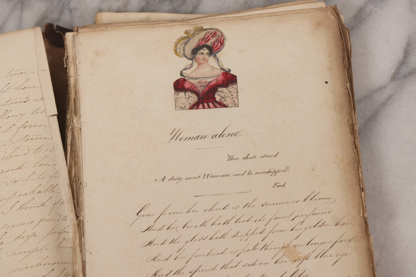Lot 054 - Antique Early 19th Century Autograph And Poetry Album, With Dozens Of Handwritten Pages With Notes, Poems, Art, And More, Including Hand Drawn Illustrations, "Lady Of The Lake" Engravings, Etc., Circa 1828-1832