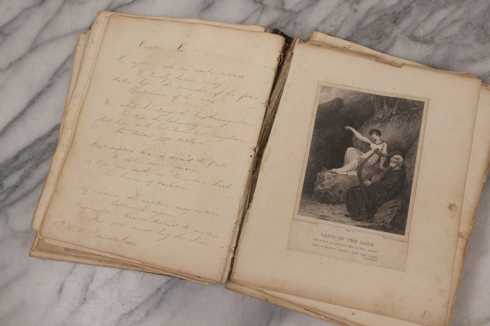 Lot 054 - Antique Early 19th Century Autograph And Poetry Album, With Dozens Of Handwritten Pages With Notes, Poems, Art, And More, Including Hand Drawn Illustrations, "Lady Of The Lake" Engravings, Etc., Circa 1828-1832