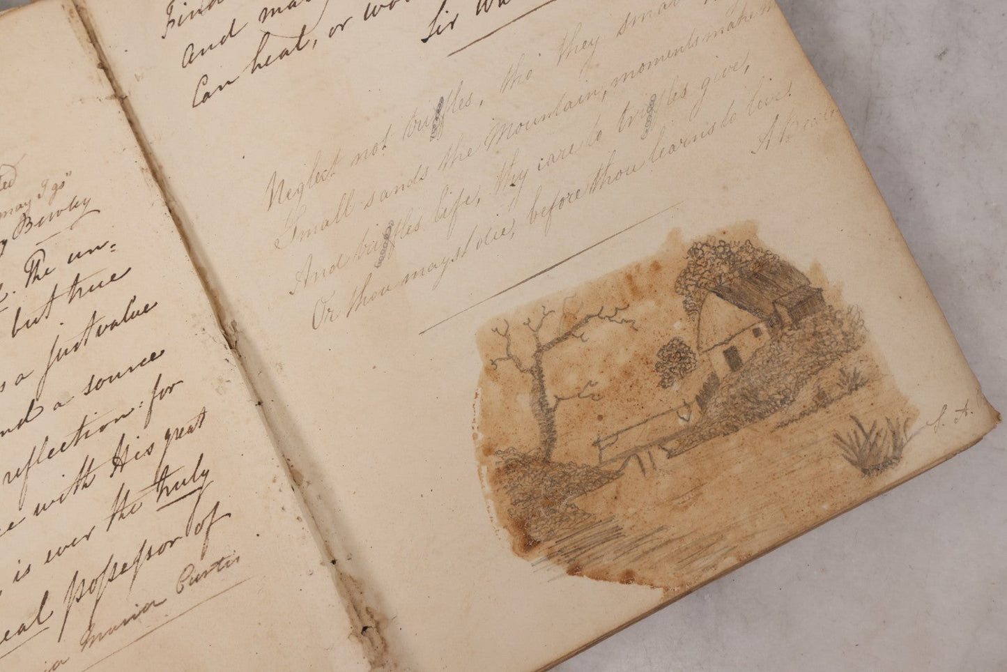 Lot 054 - Antique Early 19th Century Autograph And Poetry Album, With Dozens Of Handwritten Pages With Notes, Poems, Art, And More, Including Hand Drawn Illustrations, "Lady Of The Lake" Engravings, Etc., Circa 1828-1832
