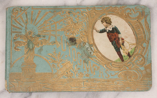 Lot 055 - Antique Victorian Autograph Album With Statue Of Liberty, New York Harbor, Hudson River Themed Embossed Gilt Cover, Cherub Flying On Bee Frontispiece, With Many Autographs From The 1890s Made In Germany