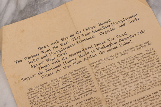 Lot 057 - Vintage Anti-War, Anti-Imperialist, Pro-Labor, Pro-Soviet Hoover-Era Propaganda Flyer Published By The Communist Party Of The U.S.A, Circa 1930