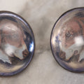 Lot 059 - Antique Pair Of Matching Bridle Rosettes, Reverse Applied Hound Dog Decals With Blue Surround, Glass Dome And Brass Fixture