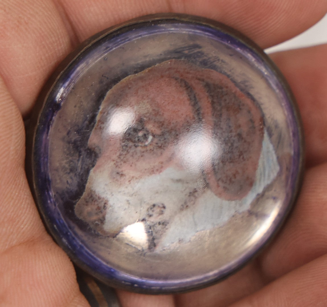 Lot 059 - Antique Pair Of Matching Bridle Rosettes, Reverse Applied Hound Dog Decals With Blue Surround, Glass Dome And Brass Fixture