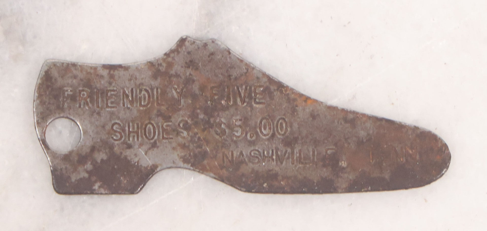 Lot 060 - Vintage Shoe-Shaped Advertising Key Fob Charm For Friendly Five Shoes, $5.00 Shoes, Nashville, Tennessee