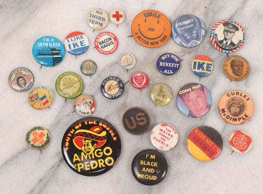Lot 061 - Grouping Of Approximately 30 Vintage And Antique Pinback Buttons Including "Black And Proud," "No Third Term," "Garden Patch Club," "Ike," "Corey Hart," And More