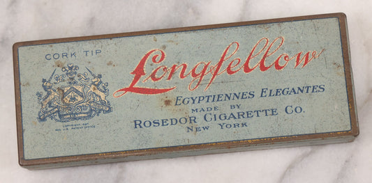 Lot 062 - Vintage Tin Lithograph Longfellow Egyptiennes Elegantes Cork Tip Cigarette Tin, Made By Rosedor Cigarette Co., New York, Copyright 1927