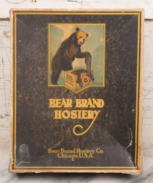 Lot 063 - Vintage Cardboard Advertising Box For Bear Brand Hosiery, 1/2 Dozen Tyrol Stockings, With Bear Motif, Note Wear, Dents