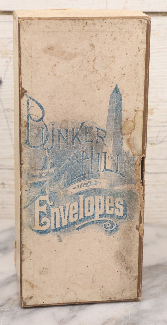 Lot 064 - Antique Cardboard Advertising Box For Bunker Hill Envelopes With Bunker Hill Monument Graphics, The Boston Linen Envelopes No. 602, Empty, Note Wear