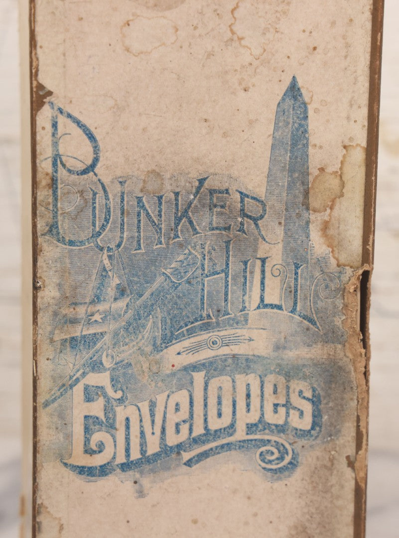 Lot 064 - Antique Cardboard Advertising Box For Bunker Hill Envelopes With Bunker Hill Monument Graphics, The Boston Linen Envelopes No. 602, Empty, Note Wear