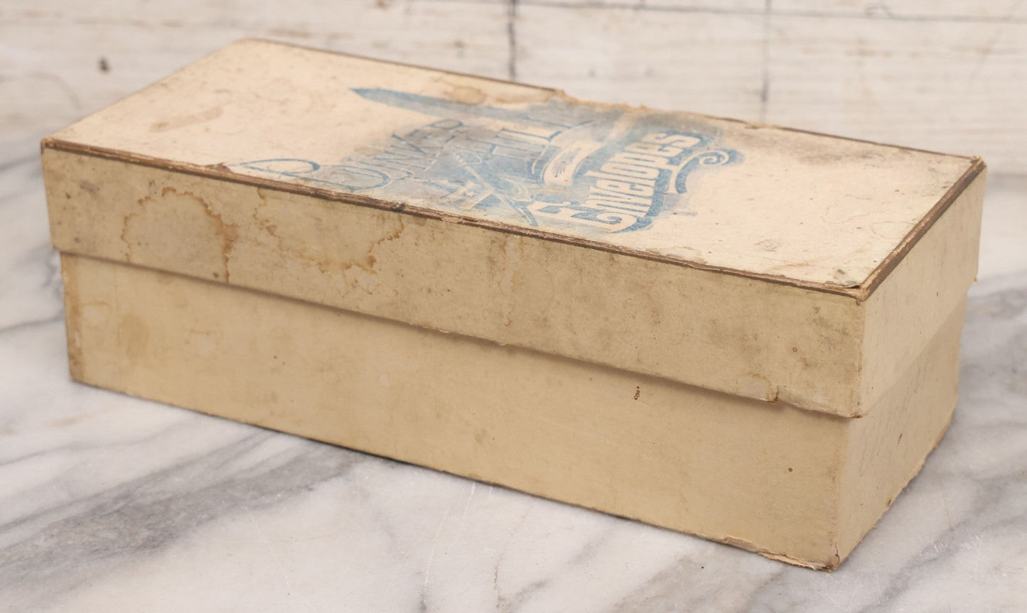Lot 064 - Antique Cardboard Advertising Box For Bunker Hill Envelopes With Bunker Hill Monument Graphics, The Boston Linen Envelopes No. 602, Empty, Note Wear