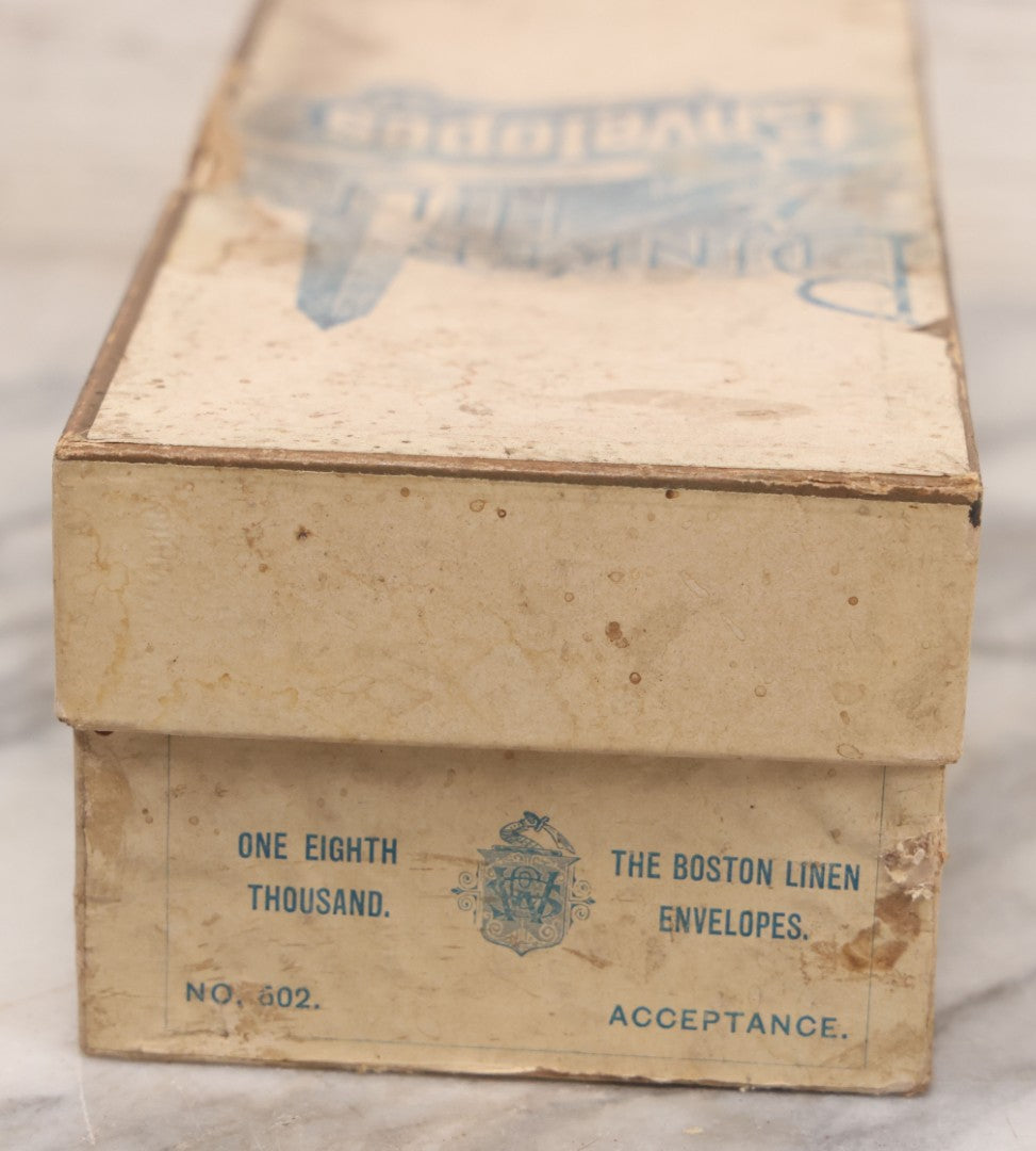 Lot 064 - Antique Cardboard Advertising Box For Bunker Hill Envelopes With Bunker Hill Monument Graphics, The Boston Linen Envelopes No. 602, Empty, Note Wear