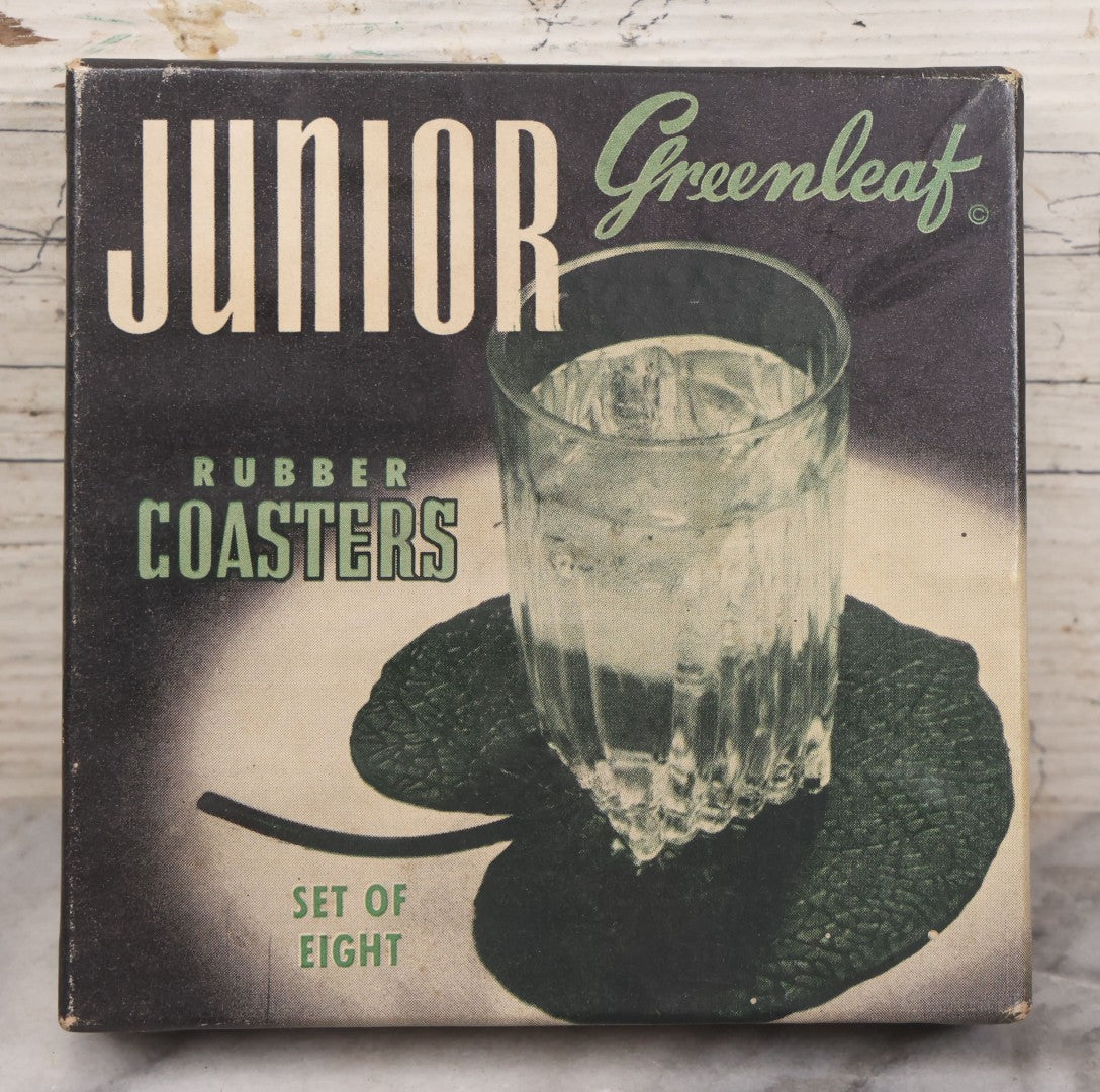 Lot 065 - Vintage Boxed Set Of Eight Junior Greenleaf Rubber Coasters, Lily Pad Shaped Coasters, Manufactured By John P. Gleason, Los Angeles, California, Circa 1940s