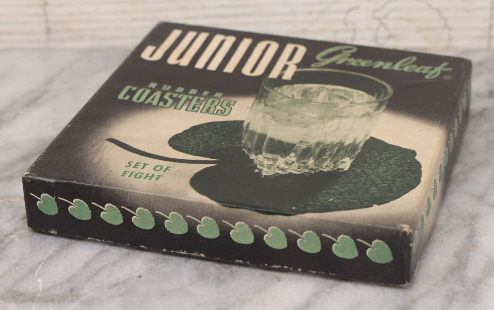 Lot 065 - Vintage Boxed Set Of Eight Junior Greenleaf Rubber Coasters, Lily Pad Shaped Coasters, Manufactured By John P. Gleason, Los Angeles, California, Circa 1940s