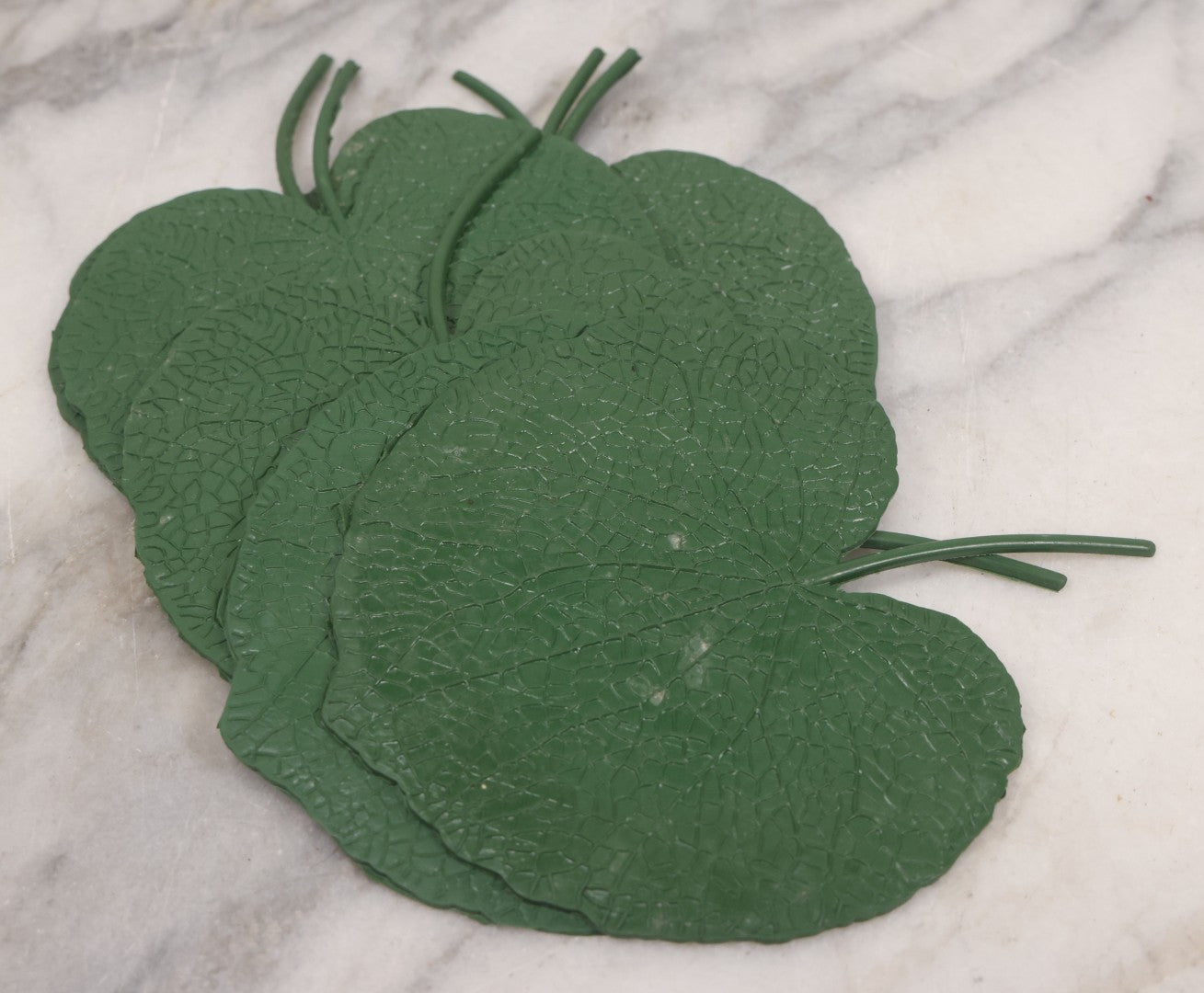 Lot 065 - Vintage Boxed Set Of Eight Junior Greenleaf Rubber Coasters, Lily Pad Shaped Coasters, Manufactured By John P. Gleason, Los Angeles, California, Circa 1940s