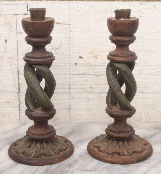 Lot 066 - Vintage Hand Carved Wood Decorative Spiral Candlesticks With Green Paint, Brass Candle Cups, 8-1/4" Height Each