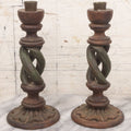 Lot 066 - Vintage Hand Carved Wood Decorative Spiral Candlesticks With Green Paint, Brass Candle Cups, 8-1/4" Height Each
