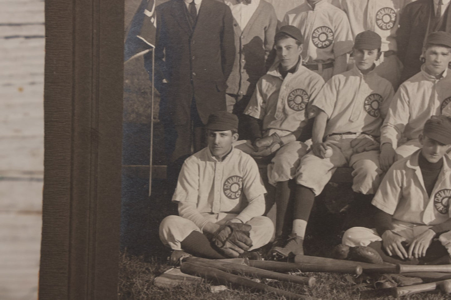 Lot 068 - Antique Boarded Photograph Of The Dennison Manufacturing Co. Baseball Team, Posing With Dennison Banner, Equipment, Circa 1915, Framingham, Massachusetts