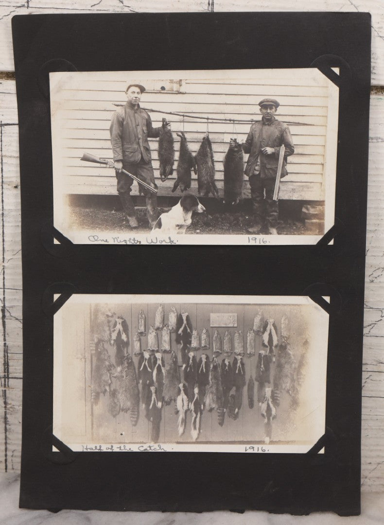 Lot 071 - Pair Of Antique Snapshot Photographs Of Hunters / Trappers And Their Dog, With Photos Of "One Night's Work" And "Half Of The Catch," 1916