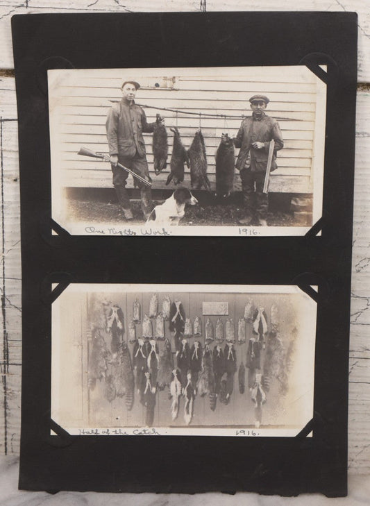 Lot 071 - Pair Of Antique Snapshot Photographs Of Hunters / Trappers And Their Dog, With Photos Of "One Night's Work" And "Half Of The Catch," 1916