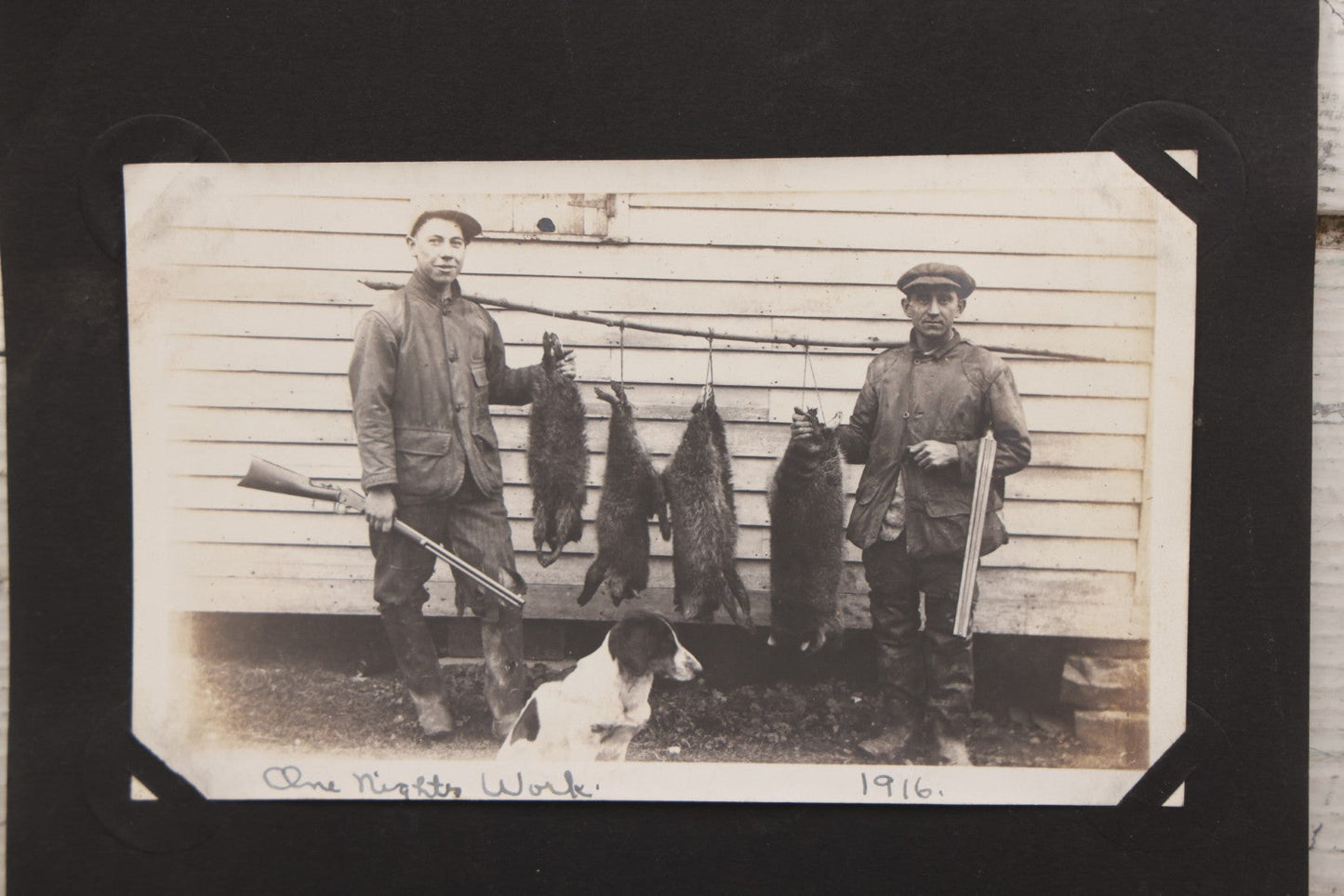 Lot 071 - Pair Of Antique Snapshot Photographs Of Hunters / Trappers And Their Dog, With Photos Of "One Night's Work" And "Half Of The Catch," 1916