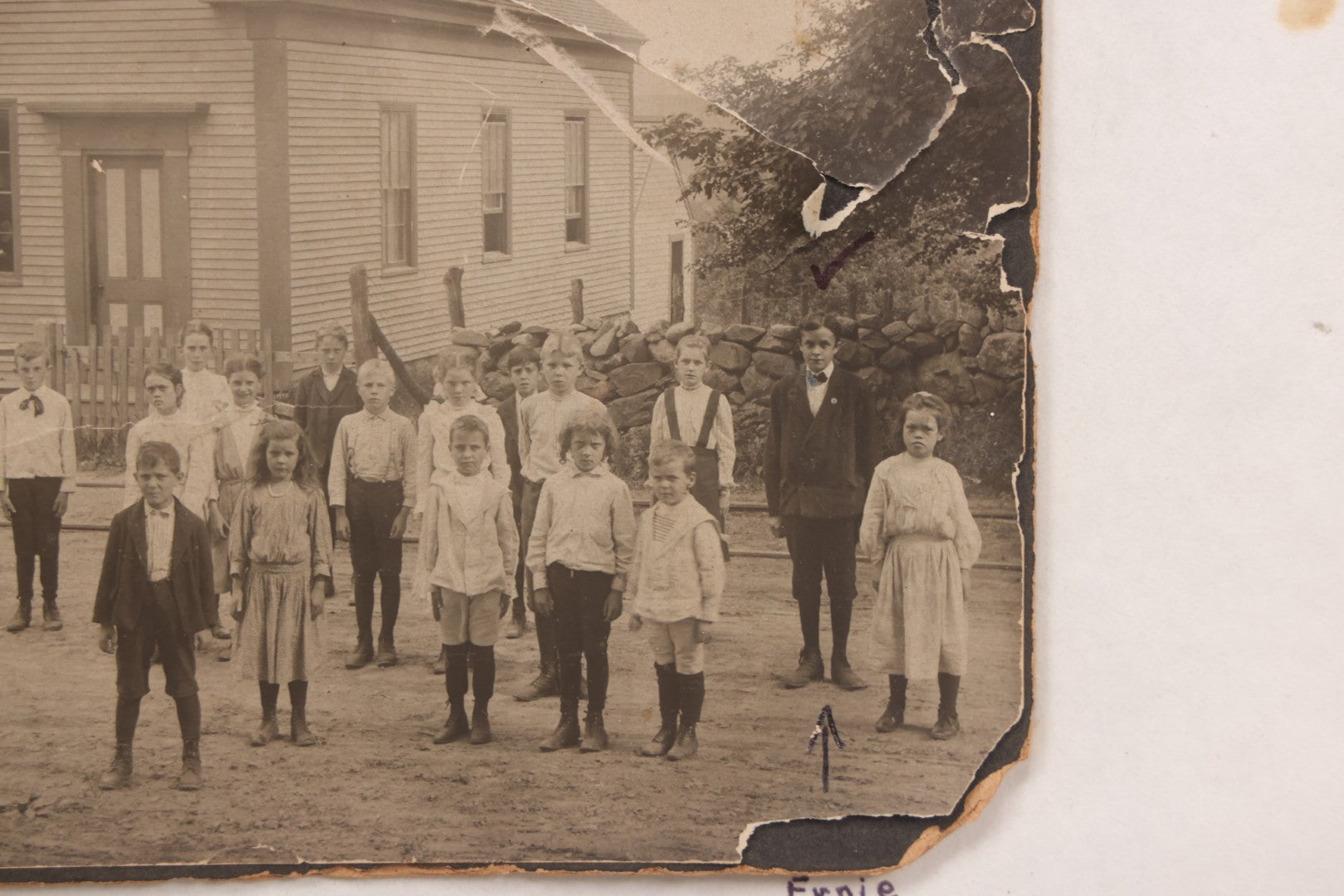 Lot 073 - Antique Boarded Photograph Of School Class Standing Apart And In Unnatural Pose, With Teacher In Front Of "Maple School," One Child Identified As "Ernie" 