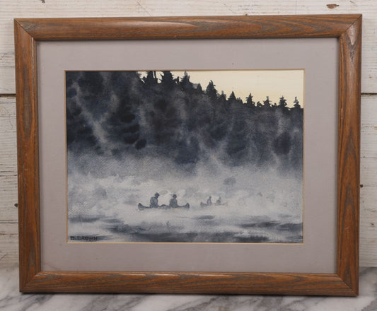 Lot 076 - Vintage Watercolor Painting Of Canoes On A River Against Pine Trees In Silhouette, Artist Signed B. Brown, In Frame, 15-1/2" x 12-1/2"