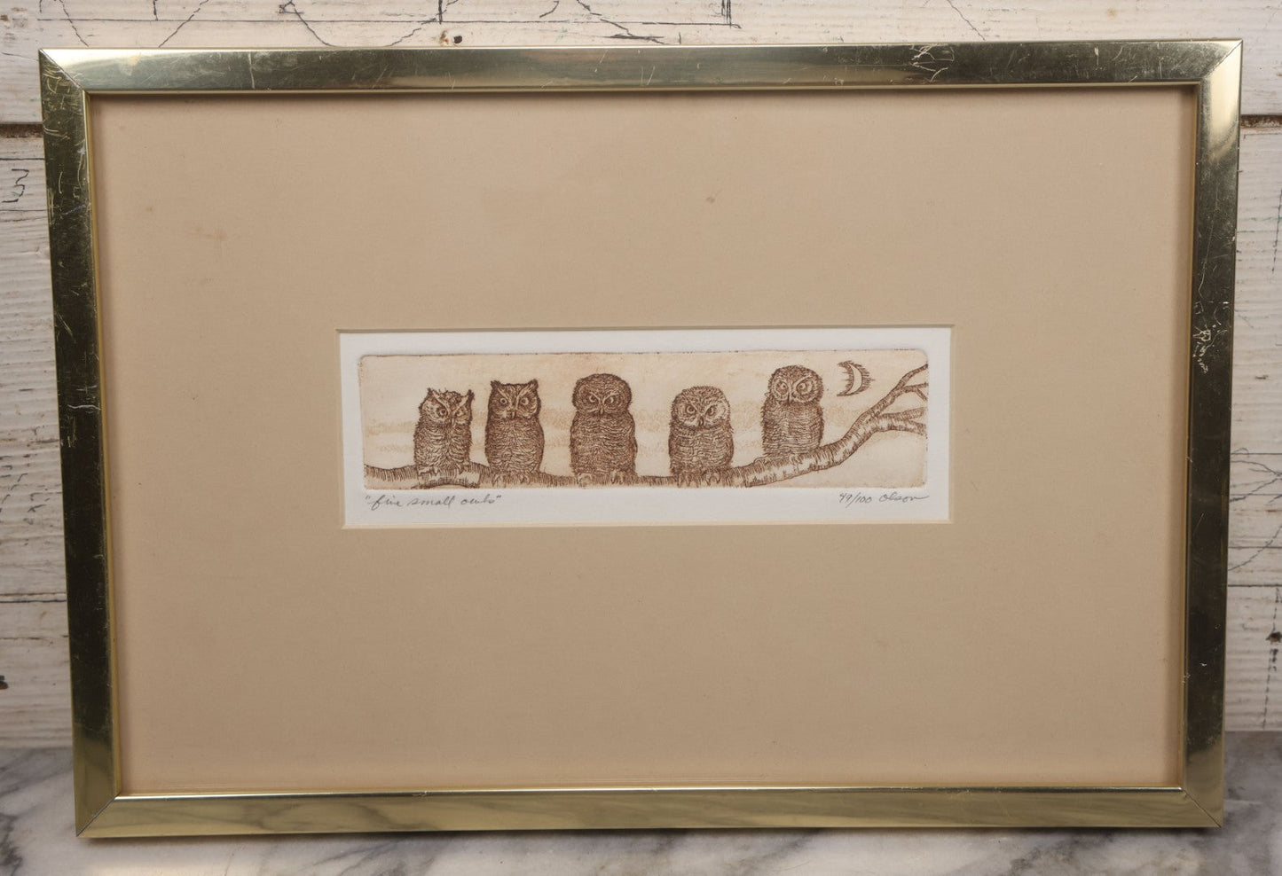 Lot 077 - Vintage Etching Print Titled "Five Small Owls," Limited Number 49 Of 100, Artist Signed Olson, In Frame, 14-1/2" x 9-3/4"